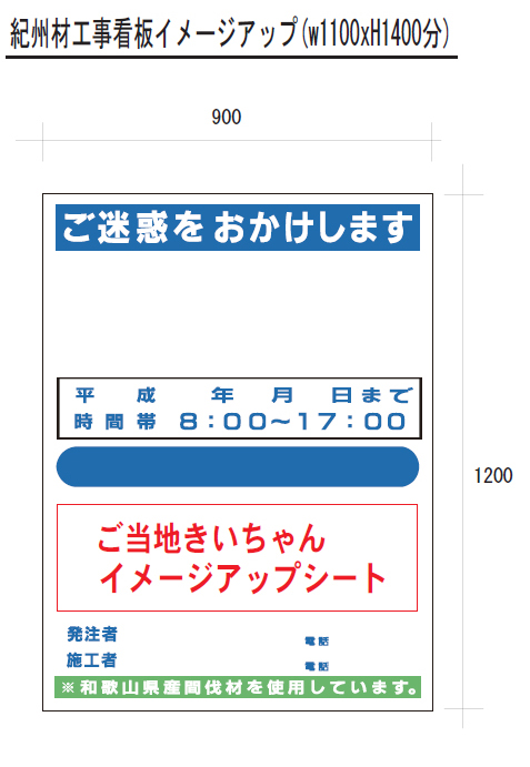 紀州材工事看板 看板面／きいちゃんイラスト入り